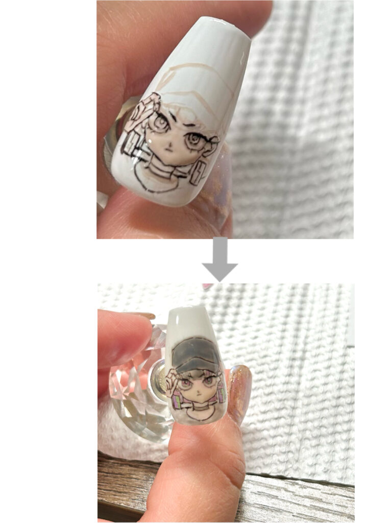 alt="ニラちゃんをネイルチップに手描きする制作過程"
