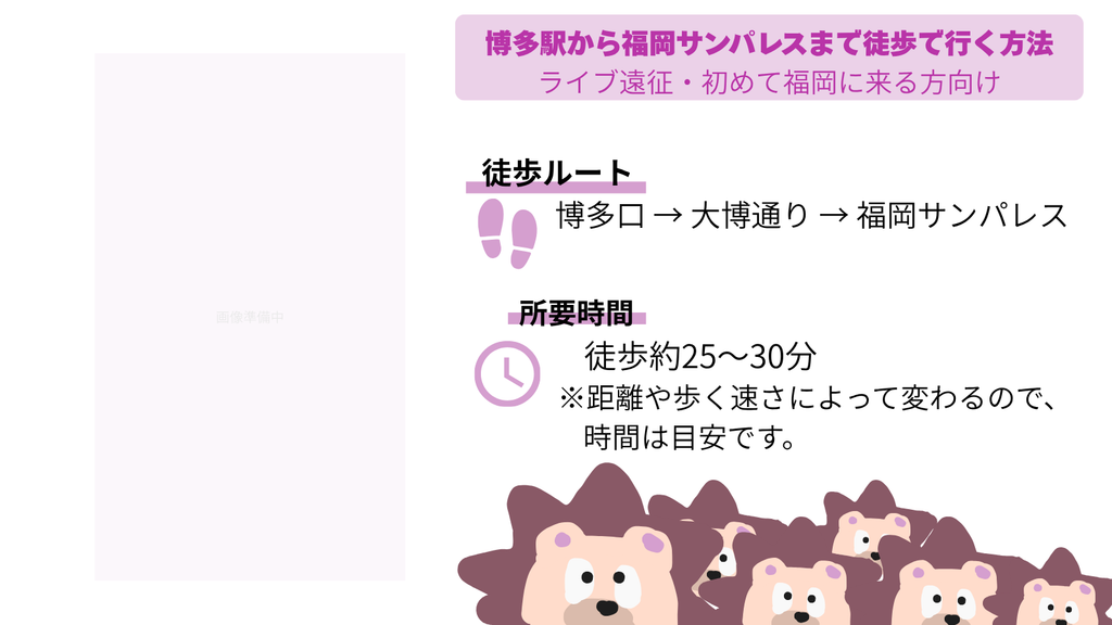 alt="博多駅から福岡サンパレスまでの徒歩ルート案内画像。左側にはまっすぐ続く大通りの景色、右側には「徒歩約25~30分」の所要時間が書かれており、下部には手描きのハリネズミのイラストが並んでいる"