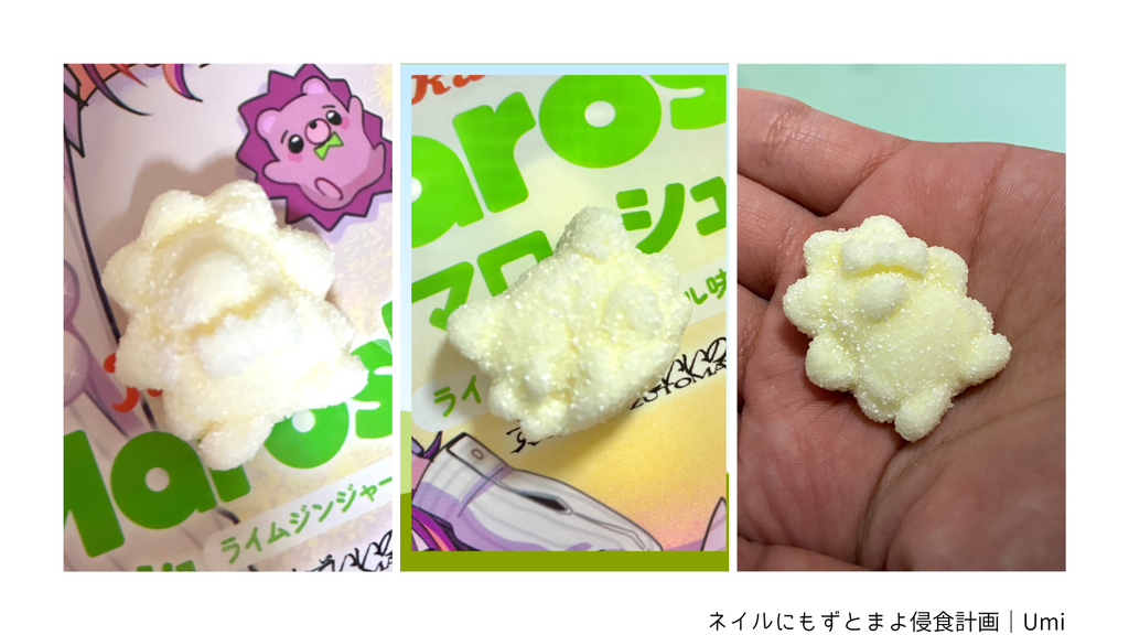 alt="「ずとマロッシュ」に入っていたうにぐりくん型、しょがスト型、みみかゆしちゃん型のマロッシュ。それぞれの写真を3つ並べた画像"